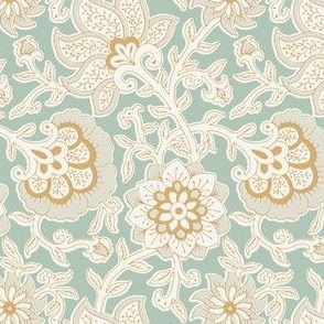 Royal bloom - Block Print Indian Floral- Green mustard Small scale