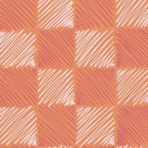 (Large) Rustic scribbled squares “Scribbled chessboard” in orange, blood orange and pinky cream