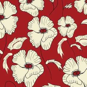 L. Cream Poppies on Crimson Background, 26- inch repeat