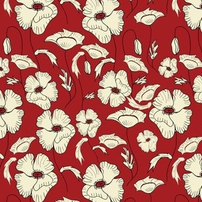 M. Cream Poppies on Crimson Background 6.7 inch repeat