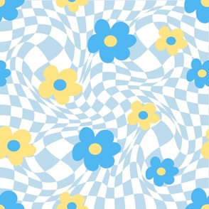 Groovy retro flowers in blue and yellow on psychedelic checkered background