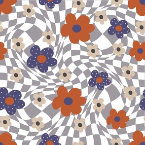 Groovy retro flowers on graypsychedelic checkered background