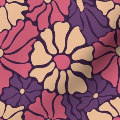 Groovy retro flowers in pink and purple colors