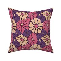 Groovy retro flowers in pink and purple colors