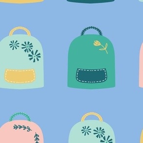 backpacks (large scale) -sweet multicoloured rucksacks on blue for back to school