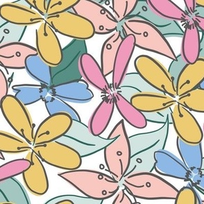 Delightful Daisies (large scale) - floral in pink, mustard yellow, and blue with outlines