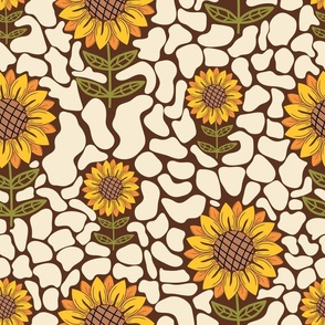 Groovy retro yellow sunflowers in tiled backgroundon brown