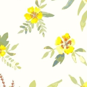 Medium scale lemon yellow and sage green watercolour floral bouquet on pale creamy yellow background - for wallpaper, duvet covers, tablecloths, non directional decor