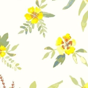 056 - Medium scale lemon yellow and sage green watercolour floral bouquet on pale creamy yellow background - for wallpaper, duvet covers, tablecloths, non directional decor