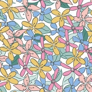 Delightful Daisies (medium scale) - floral in pink, mustard yellow, and blue with outlines