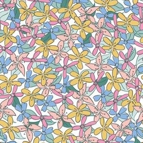 Delightful Daisies (small scale) - ditsy floral in pink, mustard yellow, and blue with outlines