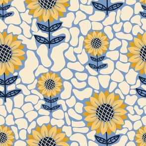 Groovy retro yellow sunflowers in tiled background on blue
