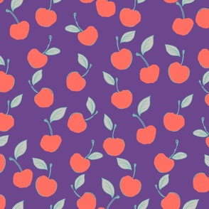 Cherries juicy fruits purple background design