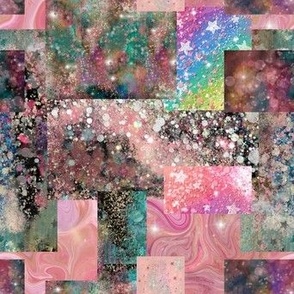 Galaxy Scrap Quilt Abstract Art Collage No. 4, Pink Purple Stars