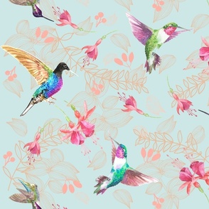 (M) Hummingbirds and Fuchsia flowers on light blue