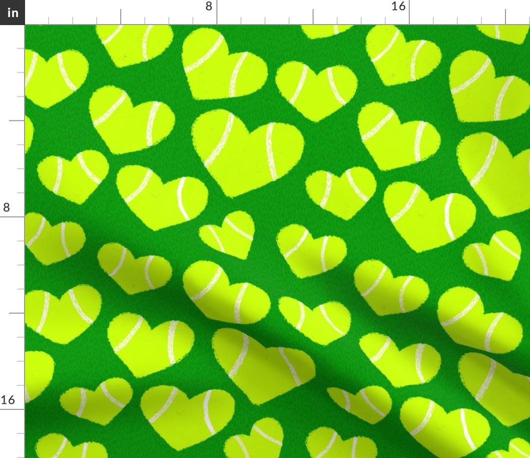 Hand Drawn Tennis Ball Hearts in Green and Bright Yellow - Large Scale