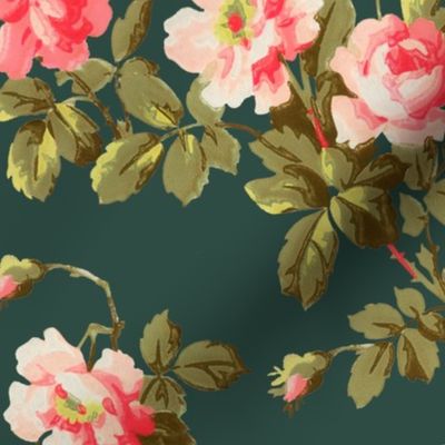 27" Rococo Pink Roses Chinoiserie Bouquets Florals Petrol Background