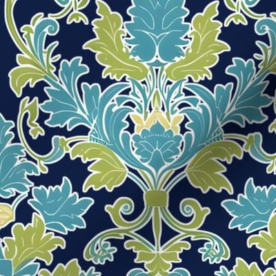 Modern Maggi Damask - Blue/Green on Navy Blue  Wallpaper - New 