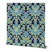 Modern Maggi Damask - Blue/Green on Navy Blue  Wallpaper - New 