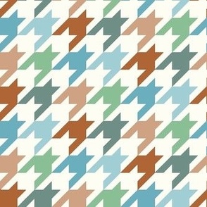 Bigger Houndstooth in Boho Blues Greens Browns on Natural Ivory