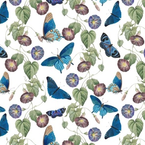 14" Vintage Summer Romanticism: Blue Florals, Tendrils And Butterflies - Antiqued Ipomea and Nostalgic Gothic Mystic Blue Insects -Antique Botany  Wallpaper and Victorian inspired - white 