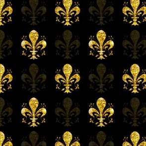 3" New Orleans Gold Swirl Fancy Fleur de Lis -- Black and Gold Fleur de Lis -- Gold and Black Mardi Gras Coordinate -- New Orleans Gold -- Faux Glitter, Gold Glitter Print, Simulated Gold Glitter Fleur de Lis - 8.33in x 8.33in repeat - 150dpi (Full Scale)