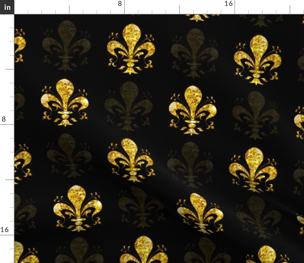 3" New Orleans Gold Swirl Fancy Fleur de Lis -- Black and Gold Fleur de Lis -- Gold and Black Mardi Gras Coordinate -- New Orleans Gold -- Faux Glitter, Gold Glitter Print, Simulated Gold Glitter Fleur de Lis - 8.33in x 8.33in repeat - 150dpi (Full Scale)