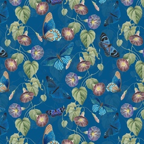 14" Vintage Summer Romanticism: Blue Florals, Tendrils And Butterflies - Antiqued Ipomea and Nostalgic Gothic Mystic Blue Insects - Antique Botany  Wallpaper and Victorian inspired - blue