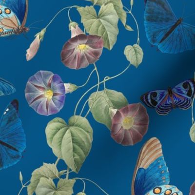 14" Vintage Summer Romanticism: Blue Florals, Tendrils And Butterflies - Antiqued Ipomea and Nostalgic Gothic Mystic Blue Insects - Antique Botany  Wallpaper and Victorian inspired - blue  double layer