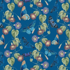14" Vintage Summer Romanticism: Blue Florals, Tendrils And Butterflies - Antiqued Ipomea and Nostalgic Gothic Mystic Blue Insects - Antique Botany  Wallpaper and Victorian inspired - blue  double layer