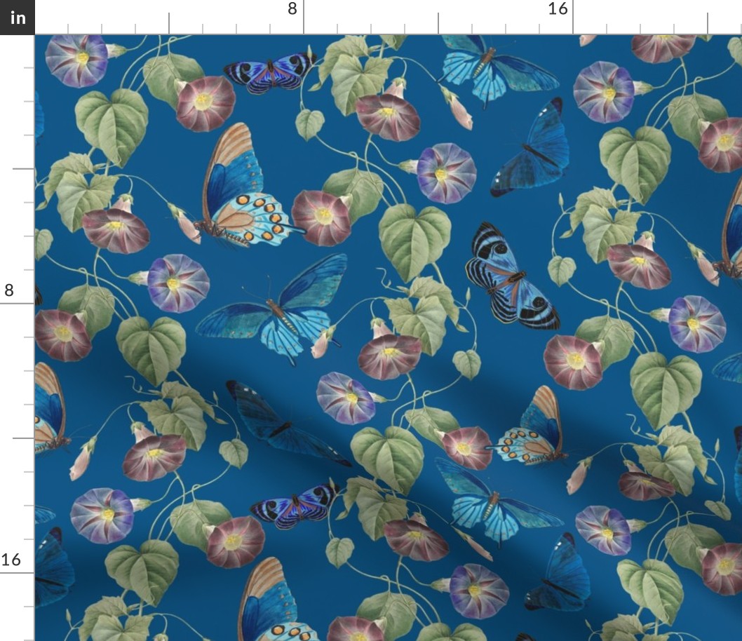 14" Vintage Summer Romanticism: Blue Florals, Tendrils And Butterflies - Antiqued Ipomea and Nostalgic Gothic Mystic Blue Insects - Antique Botany  Wallpaper and Victorian inspired - blue  double layer