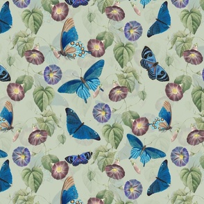 14" Vintage Summer Romanticism: Blue Florals, Tendrils And Butterflies - Antiqued Ipomea and Nostalgic Gothic Mystic Blue Insects - Antique Botany  Wallpaper and Victorian inspired - sage double layer