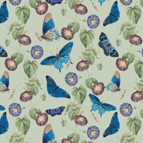 14" Vintage Summer Romanticism: Blue Florals, Tendrils And Butterflies - Antiqued Ipomea and Nostalgic Gothic Mystic Blue Insects - Antique Botany  Wallpaper and Victorian inspired - sage