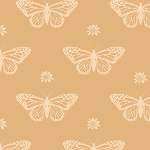 Monarch Butterflies & Milkweed Blossoms in yellow ochre & pale yellow [large scale]