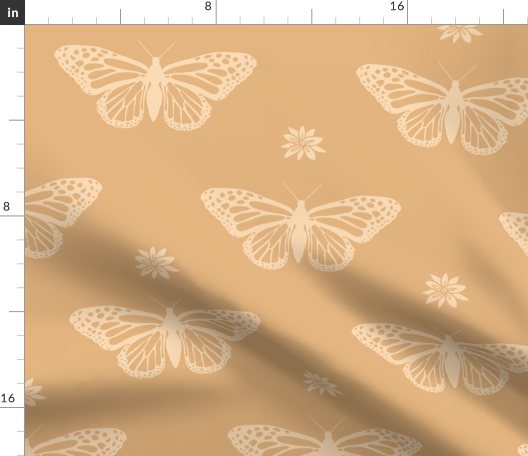 Monarch Butterflies & Milkweed Blossoms in yellow ochre & pale yellow [large scale]