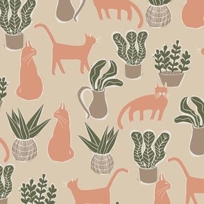 Kitties and Houseplants Blockprint Pattern Orange Cats with Green and Taupe