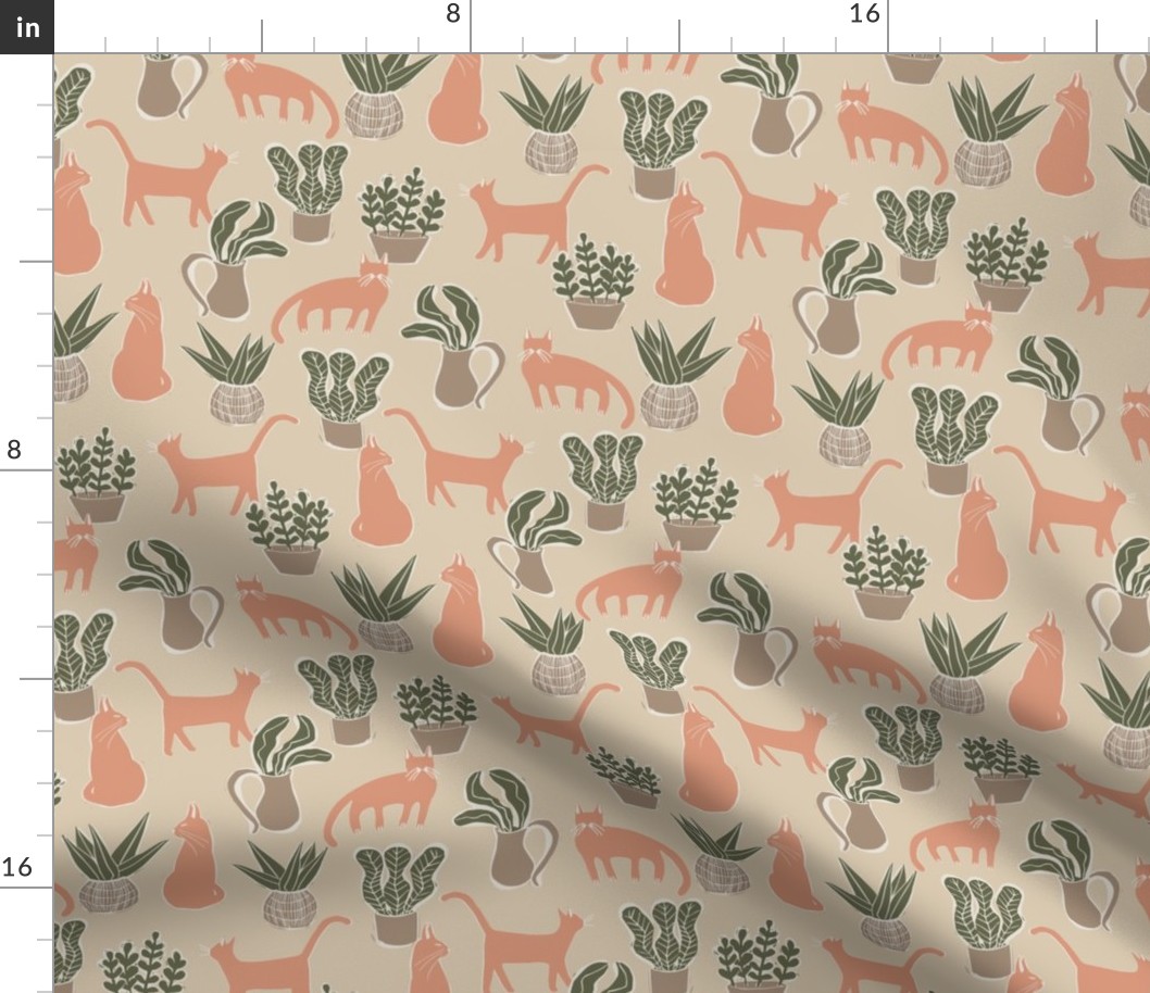 Kitties and Houseplants Blockprint Pattern Orange Cats with Green and Taupe