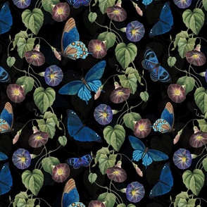 14" Vintage Summer Romanticism: Blue Florals, Tendrils And Butterflies - Antiqued Ipomea and Nostalgic Gothic Mystic Blue Insects - Antique Botany  Wallpaper and Victorian inspired - black double layer