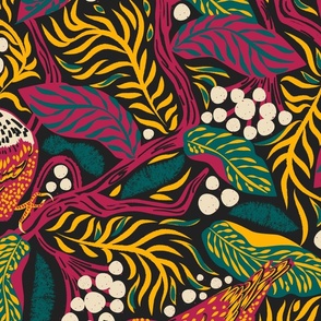 vivid  forest | birds in branches | maximalist wallpaper saturated deep jewel colors: magenta hot pink, teal, warm yellow  on black, cream white berries, colourful exotic woodland | jumbo