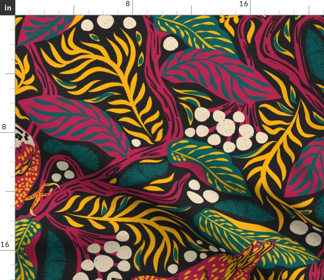 vivid  forest | birds in branches | maximalist wallpaper saturated deep jewel colors: magenta hot pink, teal, warm yellow  on black, cream white berries, colourful exotic woodland | jumbo