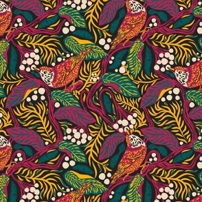 vivid  forest | birds in branches | maximalist decor saturated deep jewel colors: magenta hot pink, teal, warm yellow on black, cream white berries, colourful exotic woodland | large