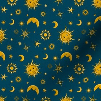 smiling sun, moon and stars on midnight blue | large