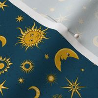 smiling sun, moon and stars on midnight blue | large