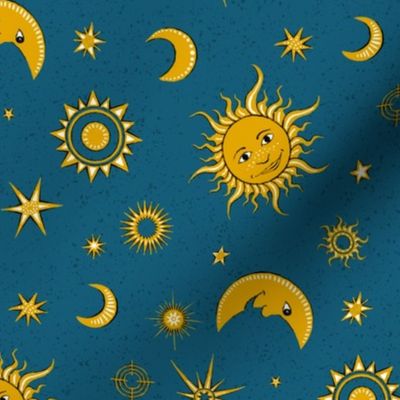 smiling sun, moon and stars on marine blue | small 