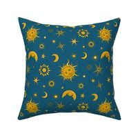 smiling sun, moon and stars on marine blue | small 