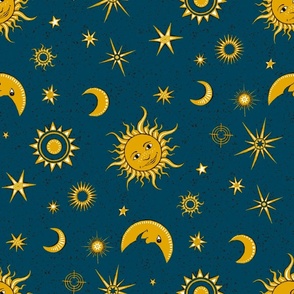 smiling sun, moon and stars on midnight blue | medium