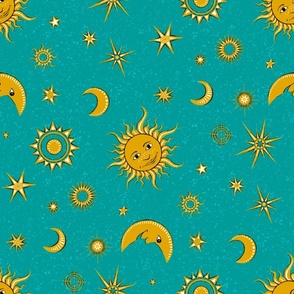 smiling sun, moon and stars on teal | medium 