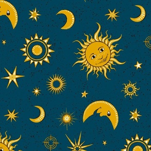 smiling sun, moon and stars on midnight blue | large 