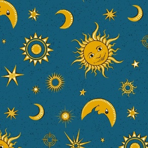 smiling sun, moon and stars on marine blue | large 