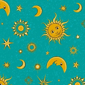 smiling sun, moon and stars on teal | large 